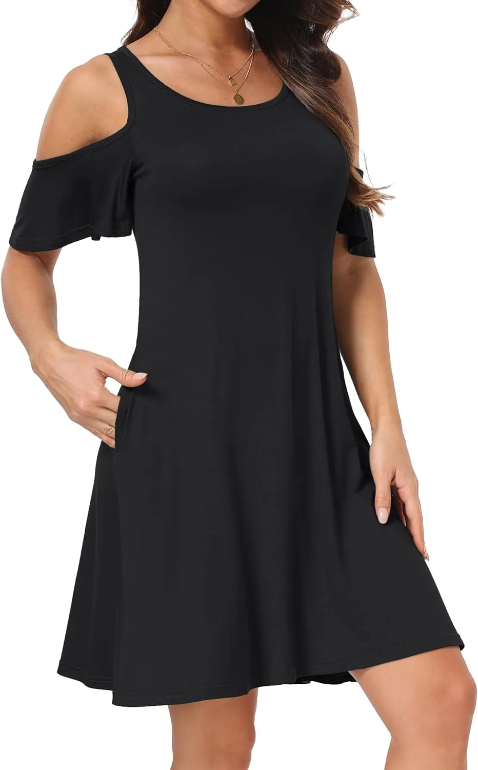 Short/Long Sleeve Women's Cold Shoulder Dress with Pockets Casual Swing T-Shirt Dresses