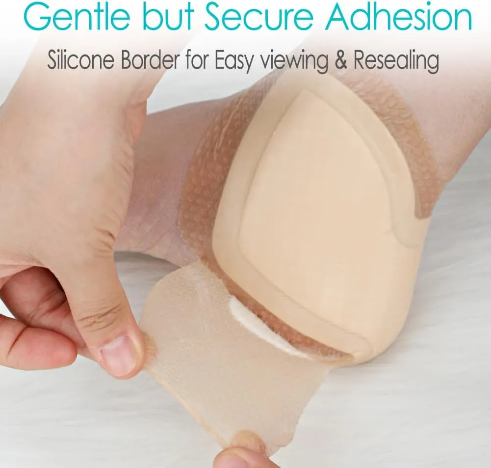Silicone Heel Bordered Foam Dressing Waterproof Absorbent Wounds Bandages Pressure Sore Adhesive Border Protector for Cracked Heels/Ankle/Elbow Bedsore Ulcer 8"x8" Pack of 3