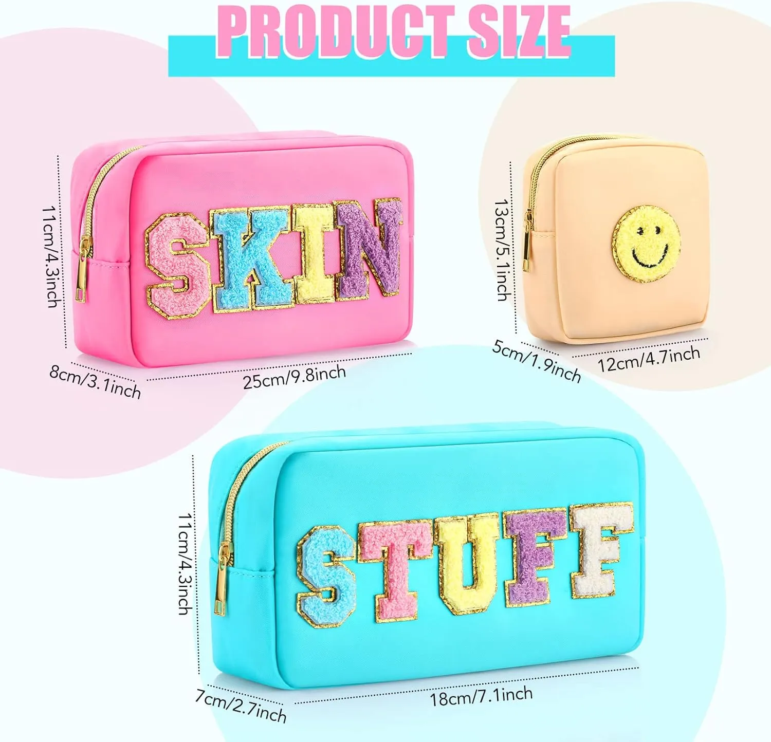 Silkfly 3 Pcs Preppy Makeup Bag Chenille Letter Nylon Cosmetic Bags Organizer Travel Pouches Set for Women(Happy,Blue, Pink, Beige)
