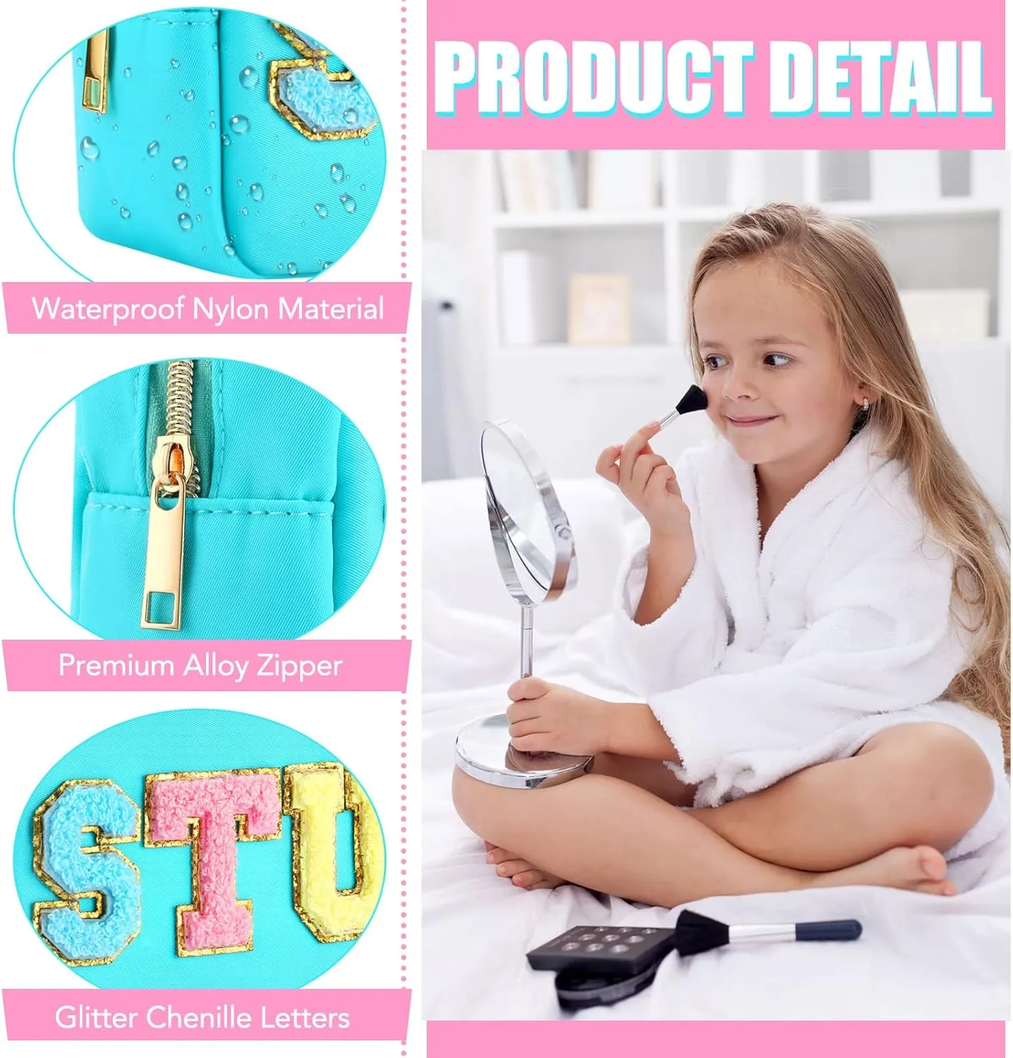 Silkfly 3 Pcs Preppy Makeup Bag Chenille Letter Nylon Cosmetic Bags Organizer Travel Pouches Set for Women(Happy,Blue, Pink, Beige)