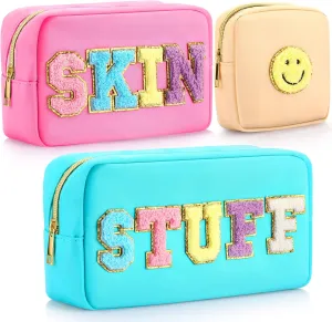 Silkfly 3 Pcs Preppy Makeup Bag Chenille Letter Nylon Cosmetic Bags Organizer Travel Pouches Set for Women(Happy,Blue, Pink, Beige)