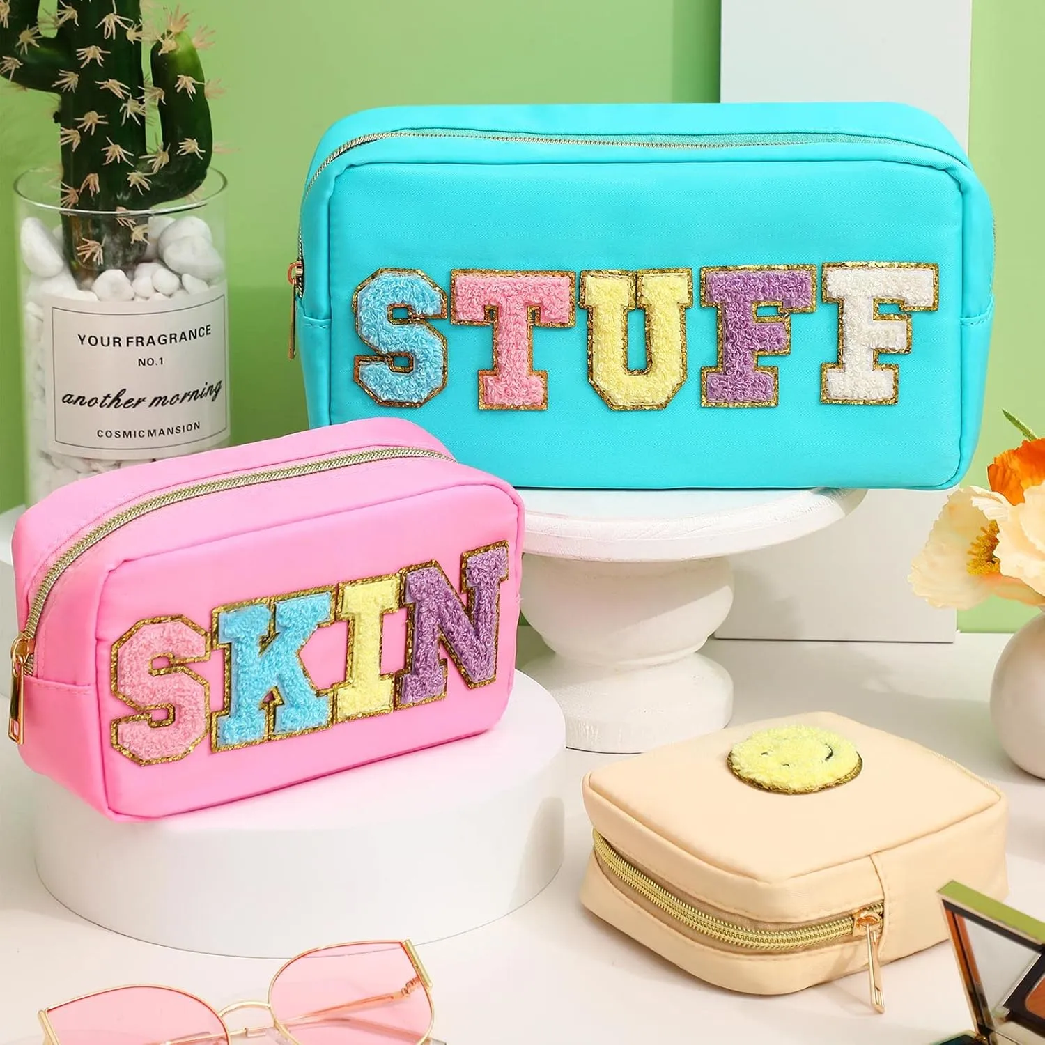Silkfly 3 Pcs Preppy Makeup Bag Chenille Letter Nylon Cosmetic Bags Organizer Travel Pouches Set for Women(Happy,Blue, Pink, Beige)