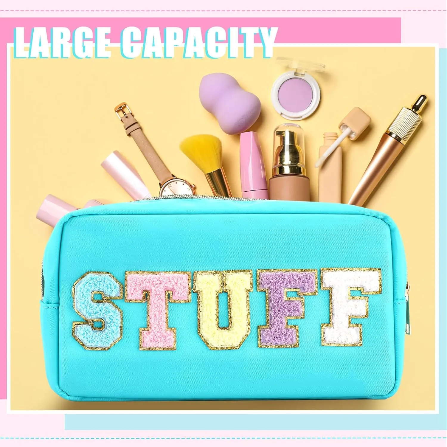 Silkfly 3 Pcs Preppy Makeup Bag Chenille Letter Nylon Cosmetic Bags Organizer Travel Pouches Set for Women(Happy,Blue, Pink, Beige)