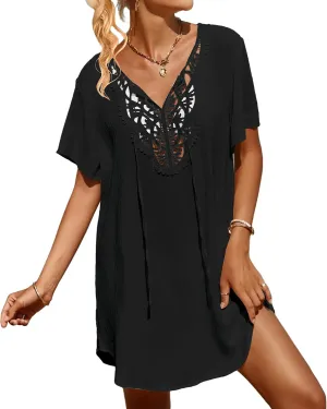 SimpleFun Womens Swimsuit Coverup Lace Crochet V Neck Bathing Suit Cover Up Dress Beach Cover Ups for Swimwear