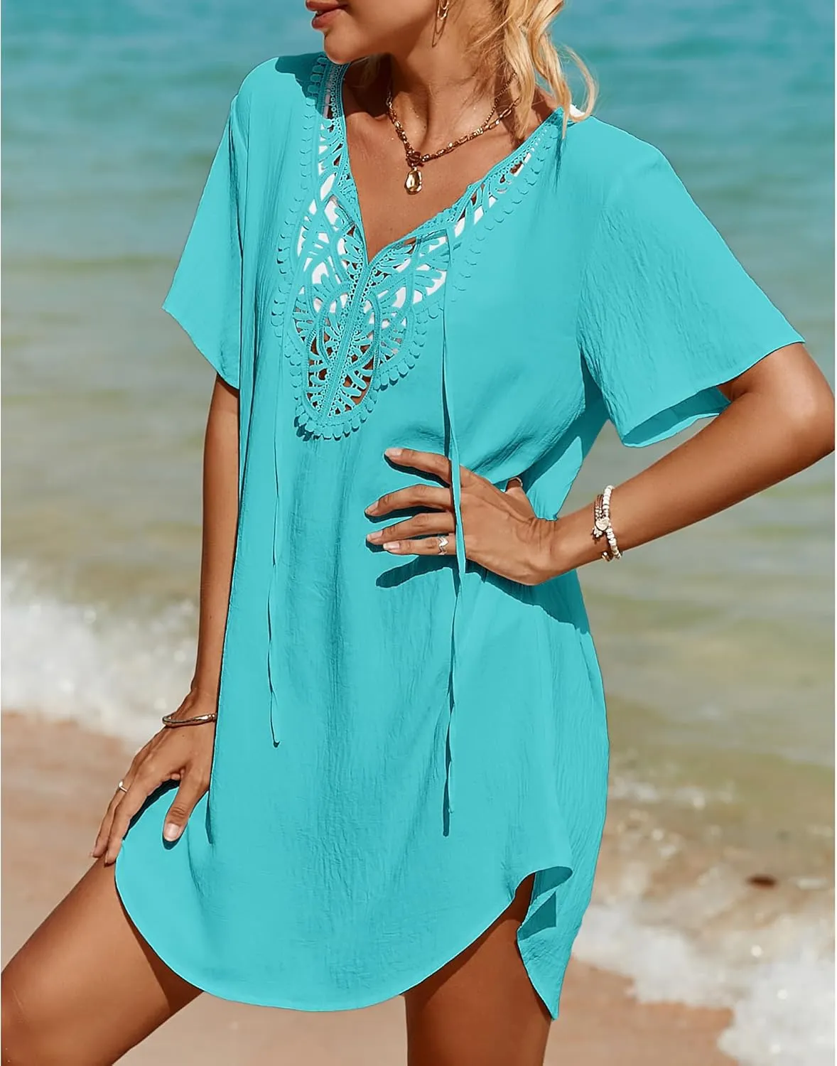 SimpleFun Womens Swimsuit Coverup Lace Crochet V Neck Bathing Suit Cover Up Dress Beach Cover Ups for Swimwear