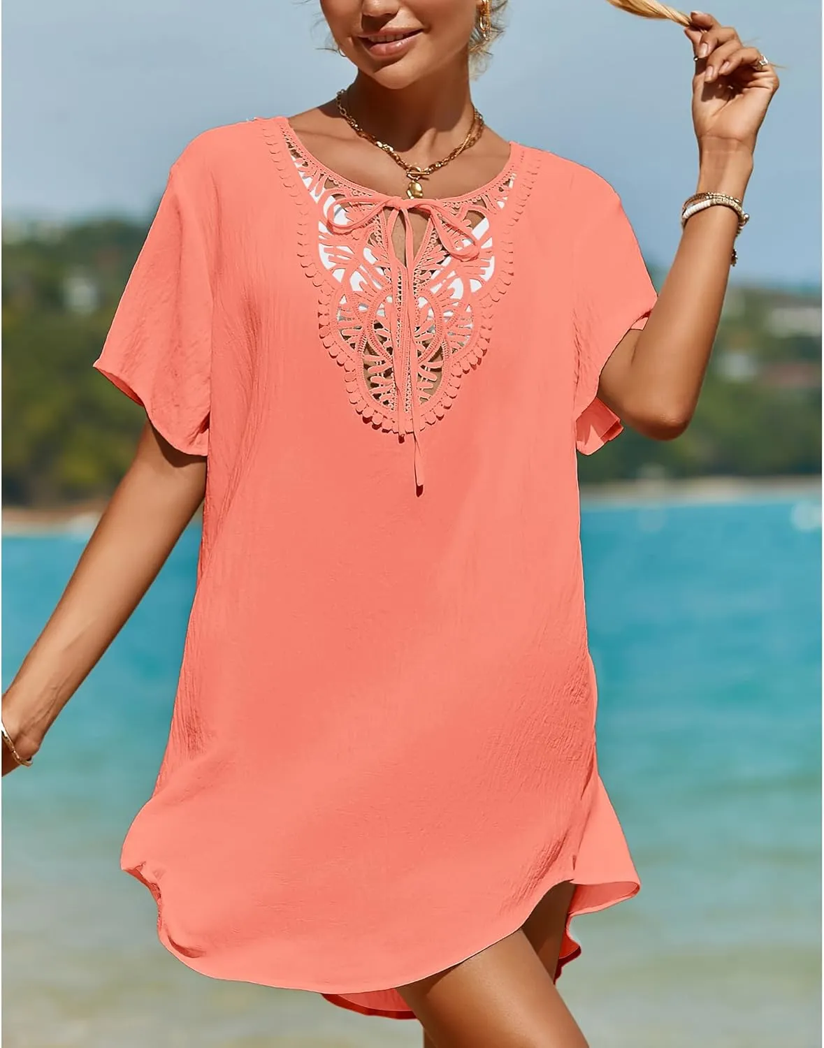 SimpleFun Womens Swimsuit Coverup Lace Crochet V Neck Bathing Suit Cover Up Dress Beach Cover Ups for Swimwear