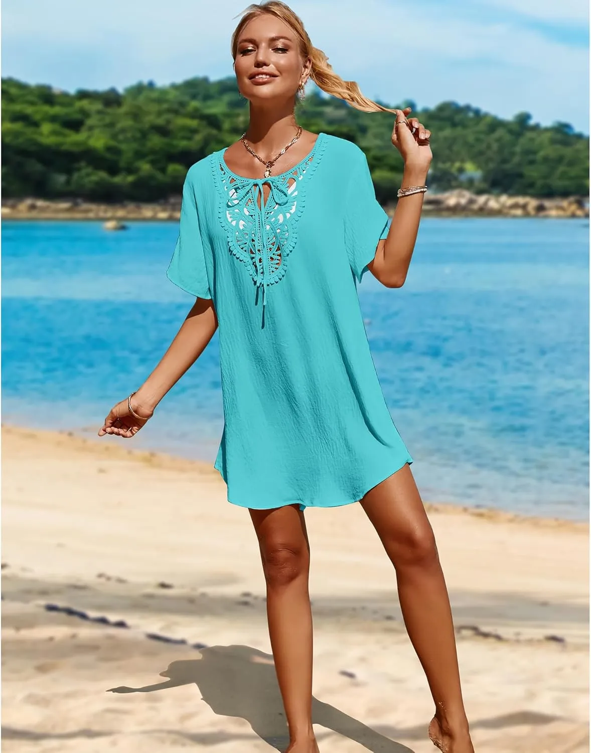 SimpleFun Womens Swimsuit Coverup Lace Crochet V Neck Bathing Suit Cover Up Dress Beach Cover Ups for Swimwear