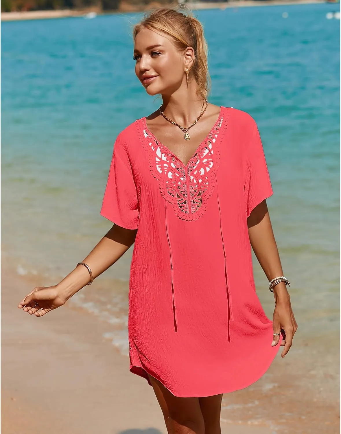 SimpleFun Womens Swimsuit Coverup Lace Crochet V Neck Bathing Suit Cover Up Dress Beach Cover Ups for Swimwear