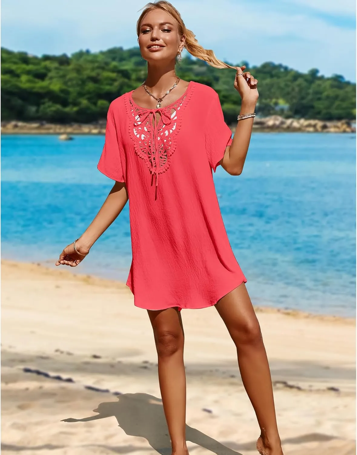 SimpleFun Womens Swimsuit Coverup Lace Crochet V Neck Bathing Suit Cover Up Dress Beach Cover Ups for Swimwear