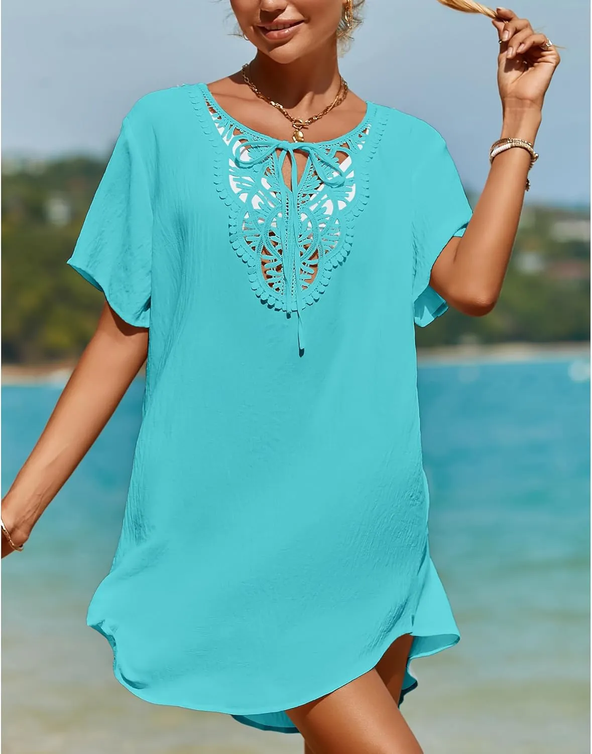 SimpleFun Womens Swimsuit Coverup Lace Crochet V Neck Bathing Suit Cover Up Dress Beach Cover Ups for Swimwear