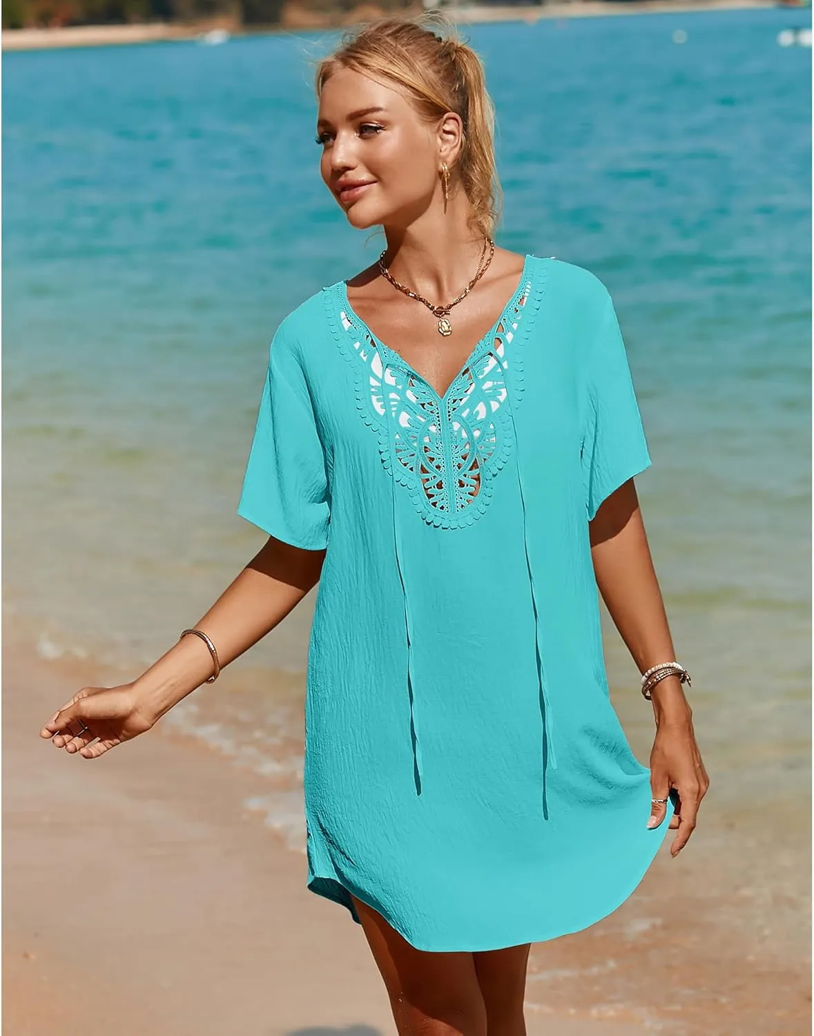 SimpleFun Womens Swimsuit Coverup Lace Crochet V Neck Bathing Suit Cover Up Dress Beach Cover Ups for Swimwear