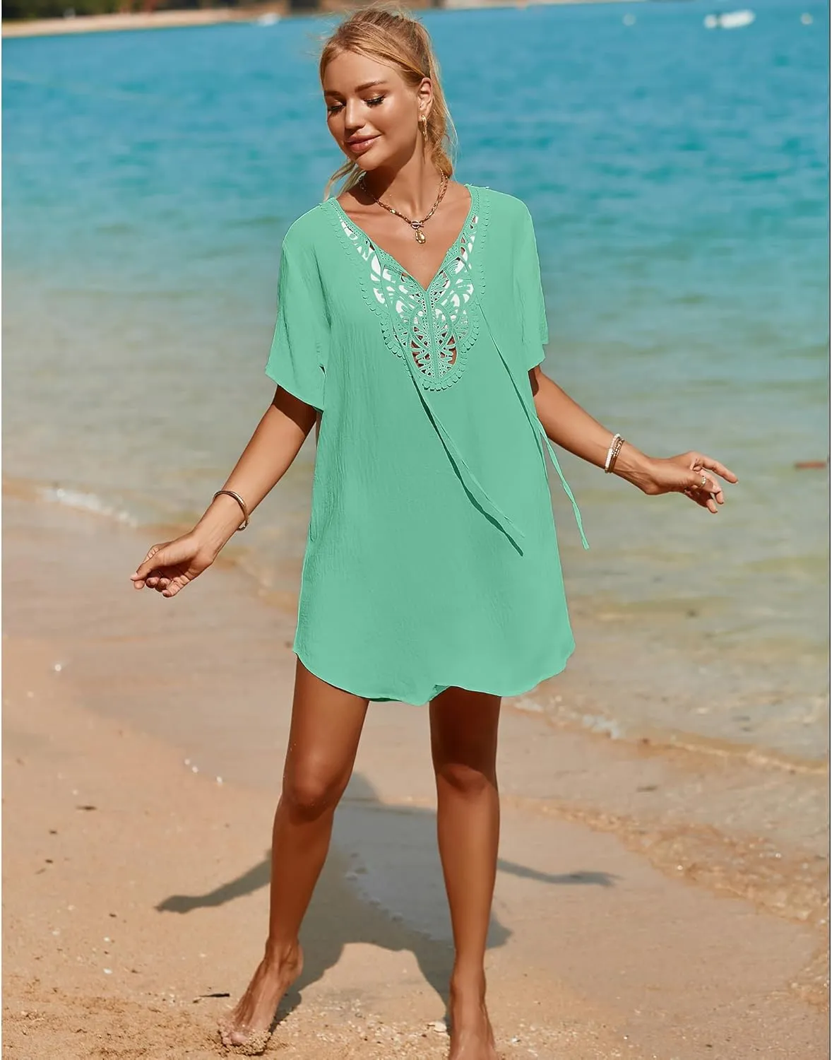 SimpleFun Womens Swimsuit Coverup Lace Crochet V Neck Bathing Suit Cover Up Dress Beach Cover Ups for Swimwear