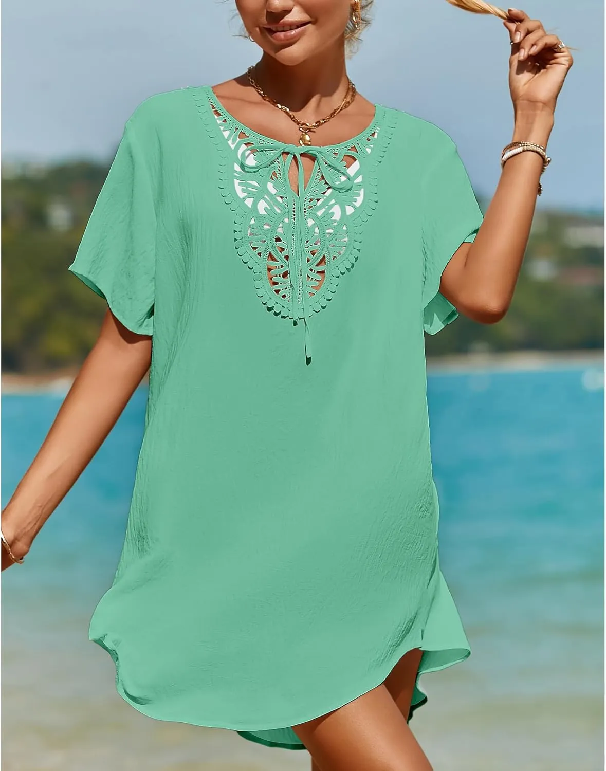 SimpleFun Womens Swimsuit Coverup Lace Crochet V Neck Bathing Suit Cover Up Dress Beach Cover Ups for Swimwear