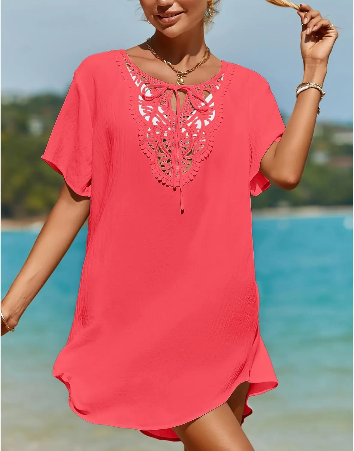 SimpleFun Womens Swimsuit Coverup Lace Crochet V Neck Bathing Suit Cover Up Dress Beach Cover Ups for Swimwear