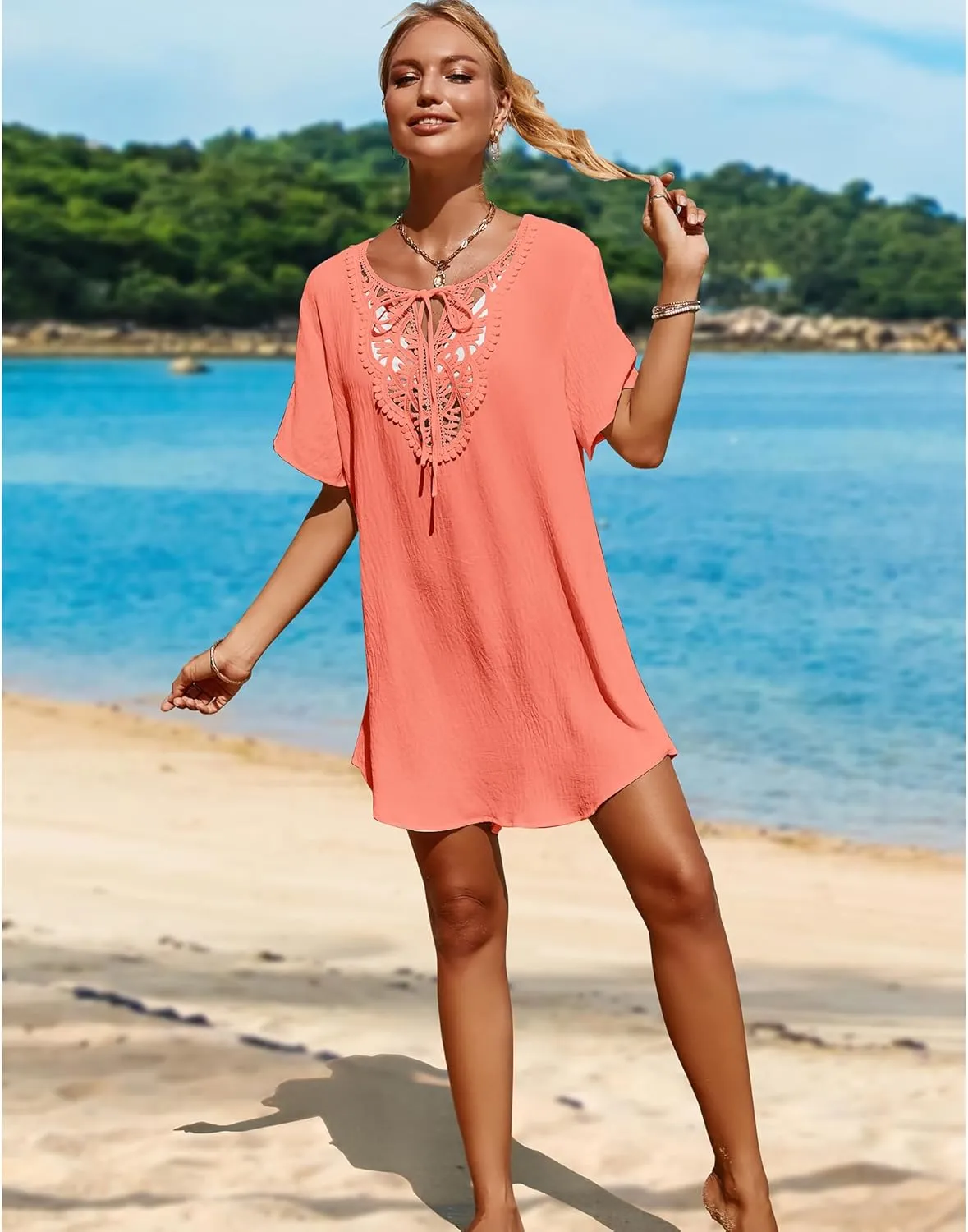 SimpleFun Womens Swimsuit Coverup Lace Crochet V Neck Bathing Suit Cover Up Dress Beach Cover Ups for Swimwear