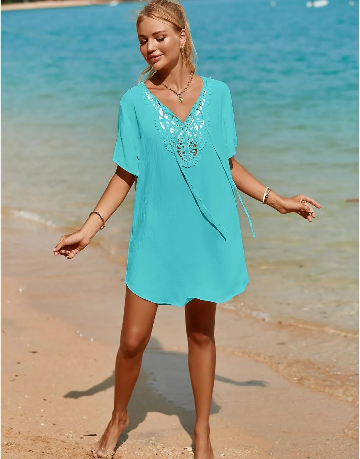 SimpleFun Womens Swimsuit Coverup Lace Crochet V Neck Bathing Suit Cover Up Dress Beach Cover Ups for Swimwear