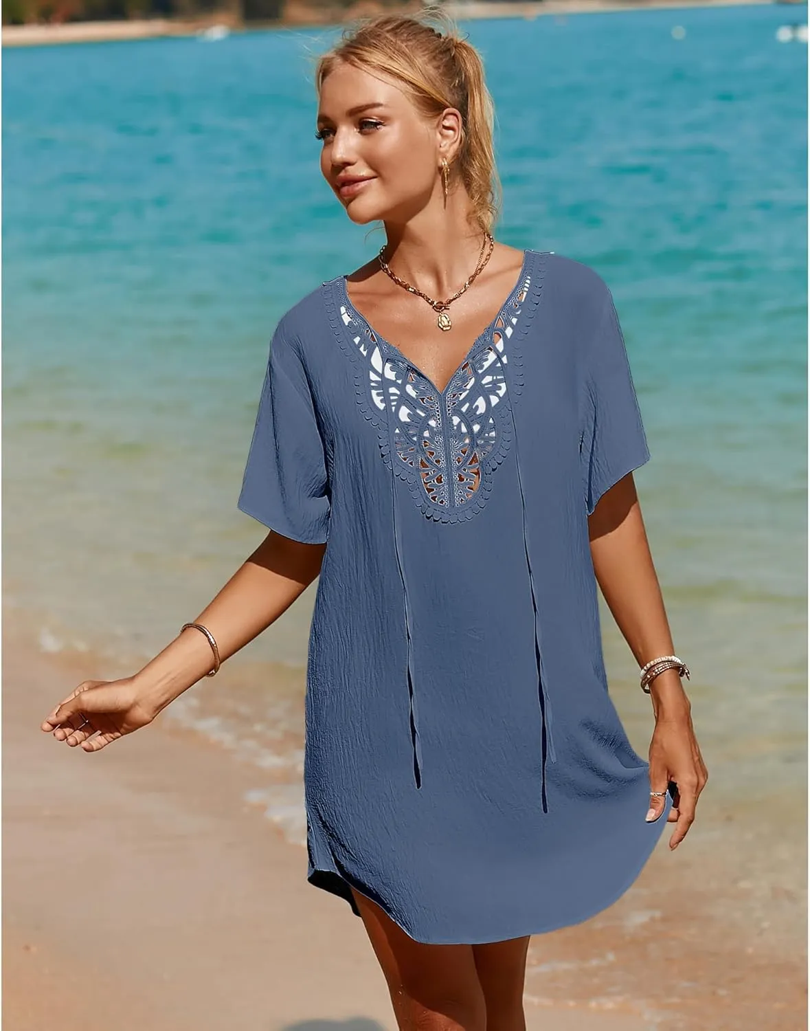 SimpleFun Womens Swimsuit Coverup Lace Crochet V Neck Bathing Suit Cover Up Dress Beach Cover Ups for Swimwear