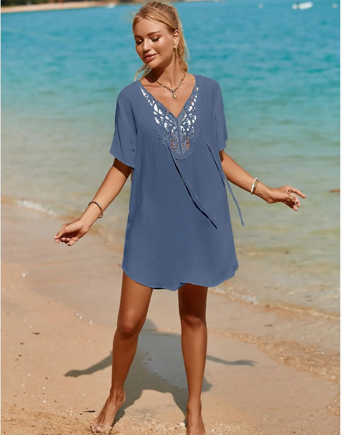 SimpleFun Womens Swimsuit Coverup Lace Crochet V Neck Bathing Suit Cover Up Dress Beach Cover Ups for Swimwear