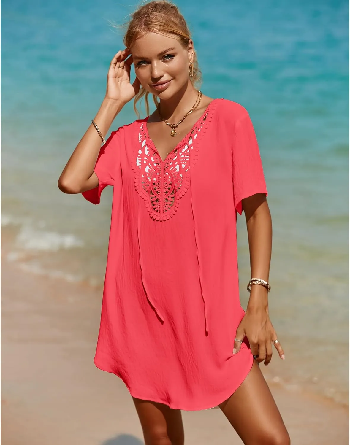 SimpleFun Womens Swimsuit Coverup Lace Crochet V Neck Bathing Suit Cover Up Dress Beach Cover Ups for Swimwear