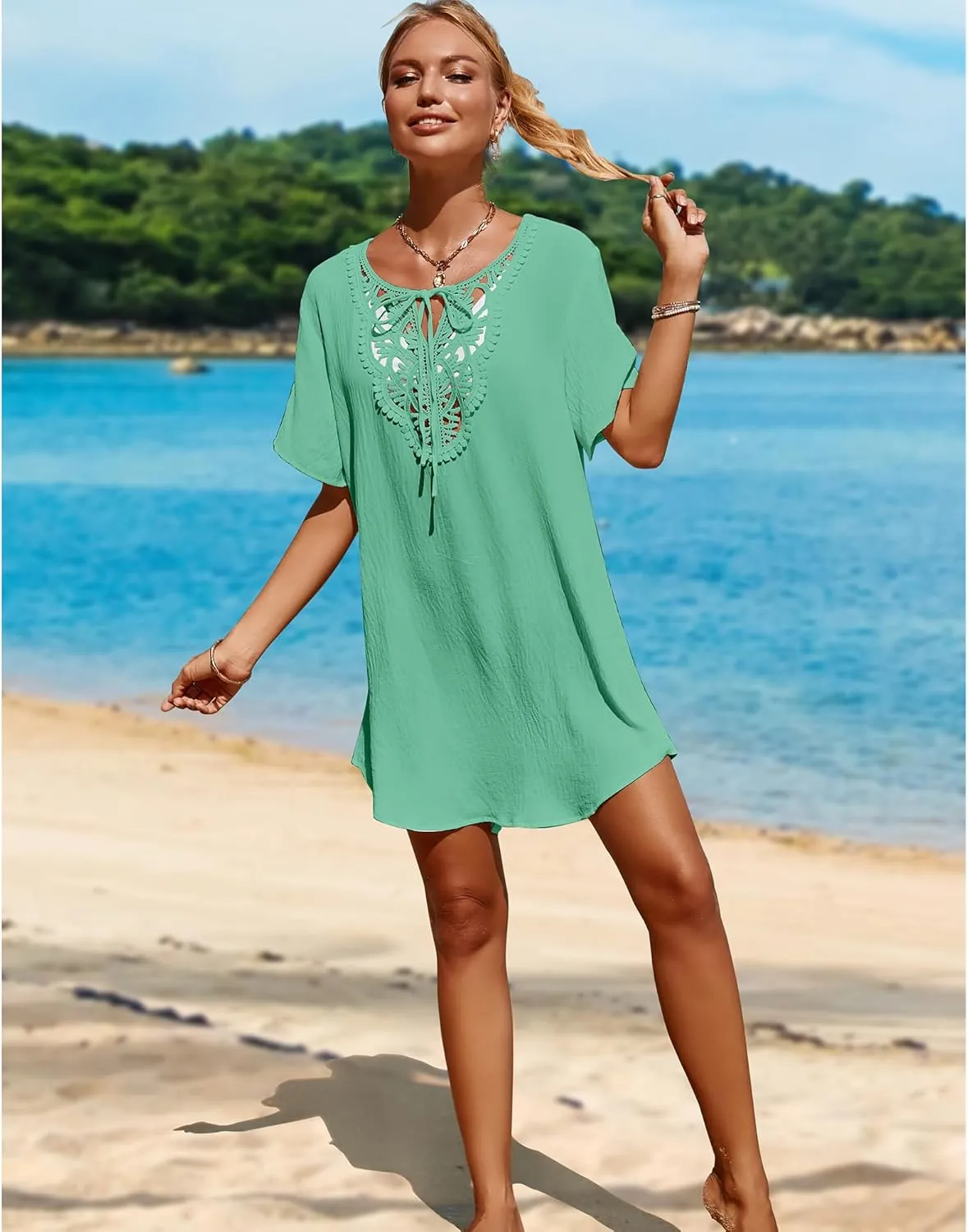 SimpleFun Womens Swimsuit Coverup Lace Crochet V Neck Bathing Suit Cover Up Dress Beach Cover Ups for Swimwear