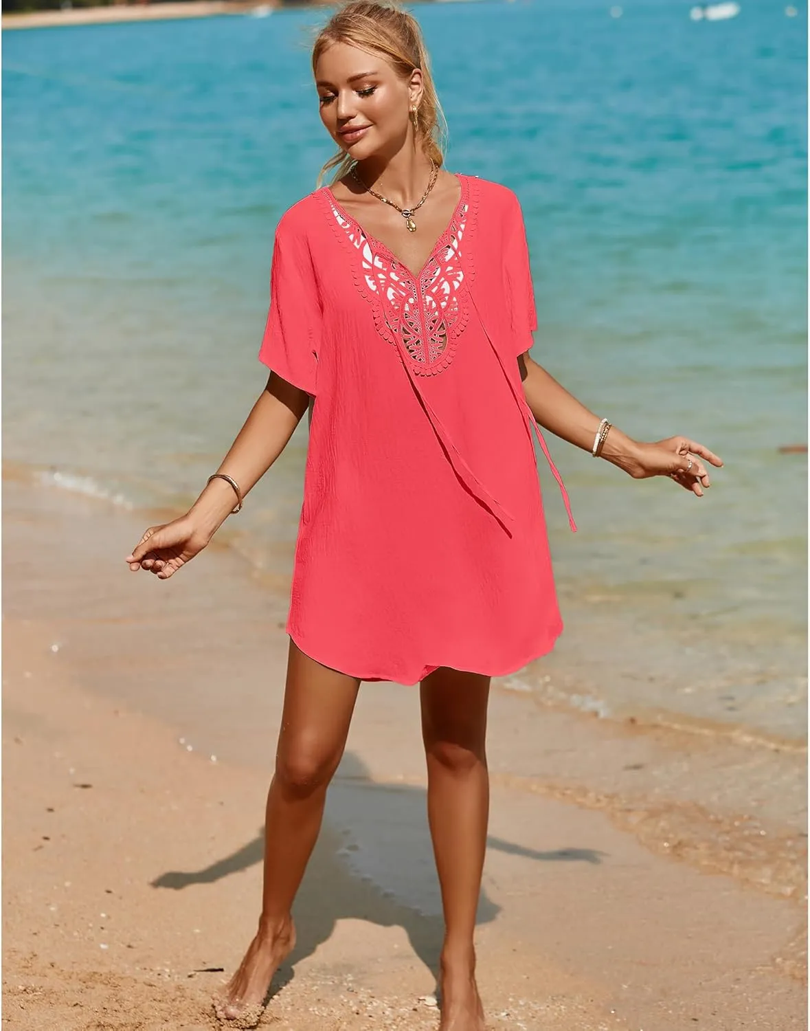 SimpleFun Womens Swimsuit Coverup Lace Crochet V Neck Bathing Suit Cover Up Dress Beach Cover Ups for Swimwear