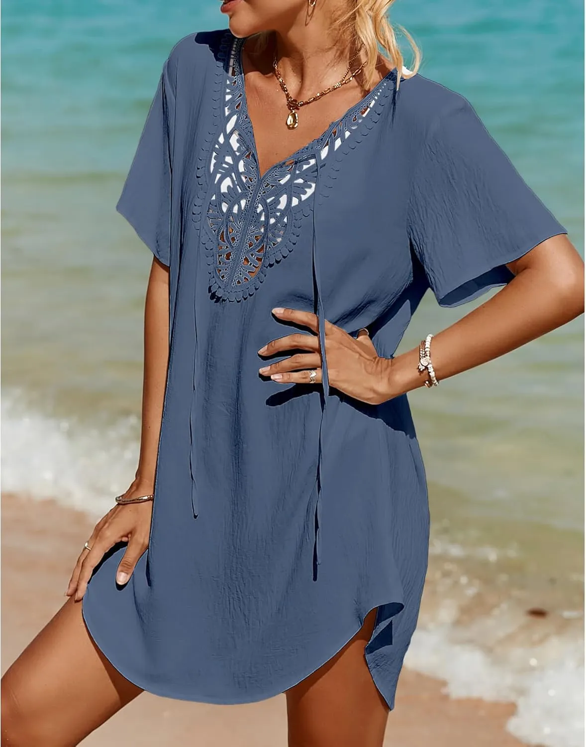 SimpleFun Womens Swimsuit Coverup Lace Crochet V Neck Bathing Suit Cover Up Dress Beach Cover Ups for Swimwear