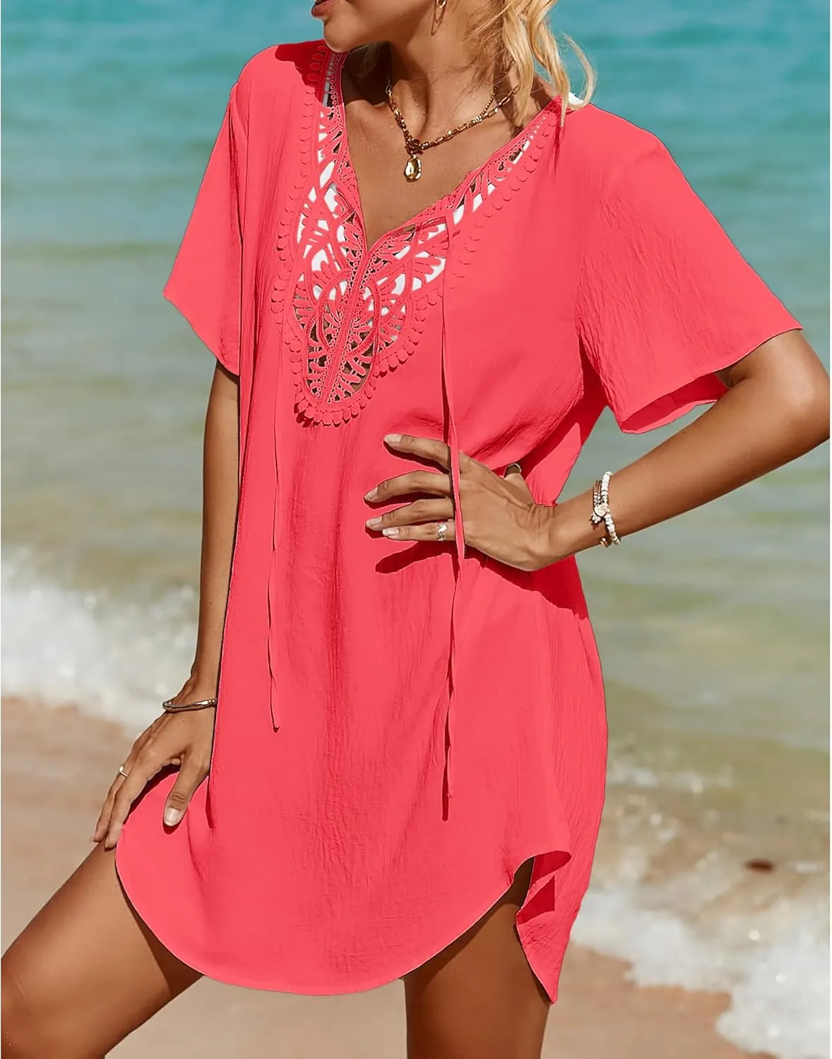 SimpleFun Womens Swimsuit Coverup Lace Crochet V Neck Bathing Suit Cover Up Dress Beach Cover Ups for Swimwear