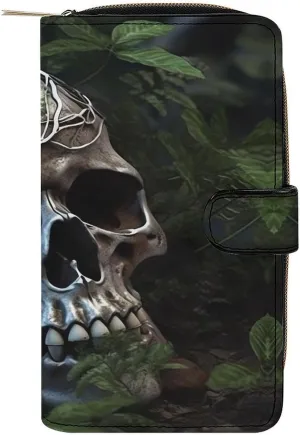 Slim Wallet for Women Men Leather Wallet,Green Leaves And Skull Credit Card Holder Clutch Purses for Women, Available in Multiple Styles