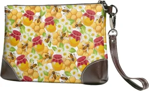 Small Clutch Purses for Women - Bees Honeycomb Jars Of Honey Flowers Leather Wristlet Wallets for Women with Wrist Strap