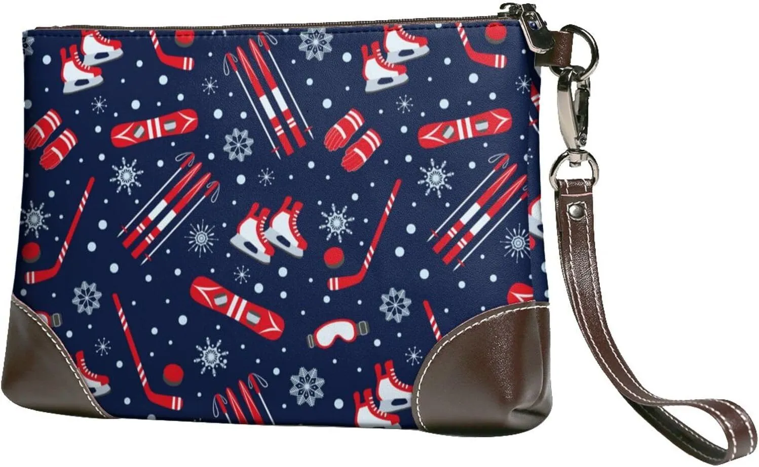Small Clutch Purses for Women - Winter Skiing Snowflakes Leather Wristlet Wallets for Women with Wrist Strap