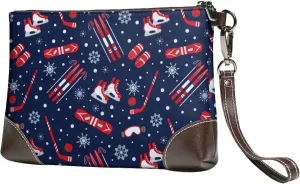 Small Clutch Purses for Women - Winter Skiing Snowflakes Leather Wristlet Wallets for Women with Wrist Strap