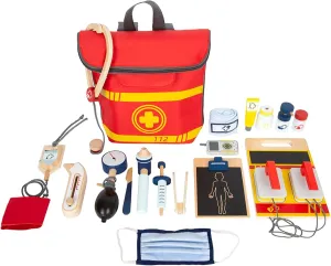 Small Foot- Wooden Emergency Doctor’s Kit Backpack- 17 Piece First Aid Playset Includes Stethoscope, Blood Pressure Gauge, Radio, Clipboard,and Vial for Kids- Role Play for Boys and Girls Ages 3 