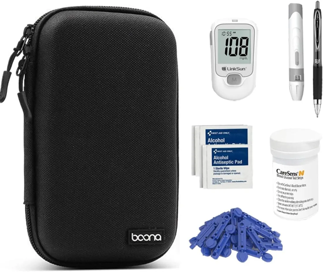 Small Protective Hard Shell Diabetic Supplies Travel Case Testing Kit Organizer for Glucose Meter, Test Strips, Lancing Device, Lancets, Blood Sugar Monitoring System, Diabetes Supplies Bag (Black)