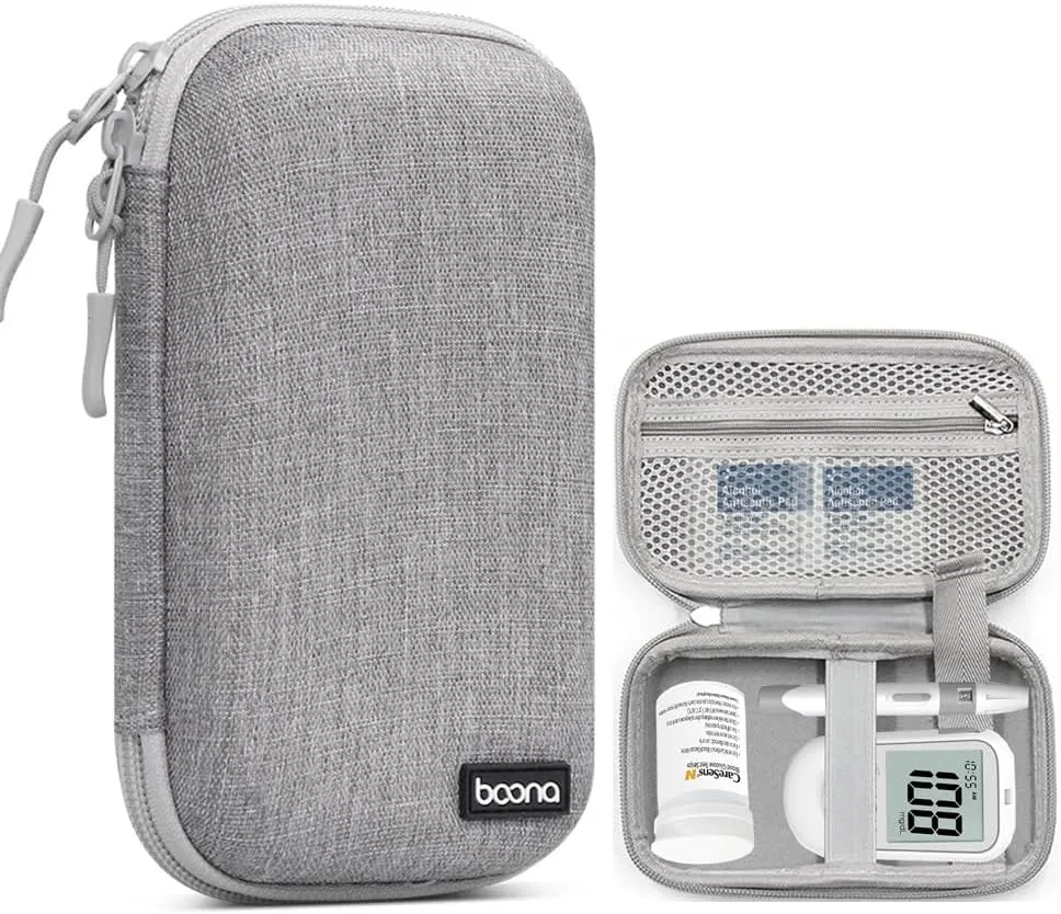 Small Protective Hard Shell Diabetic Supplies Travel Case Testing Kit Organizer for Glucose Meter, Test Strips, Lancing Device, Lancets, Blood Sugar Monitoring System, Diabetes Supplies Bag (Gray)