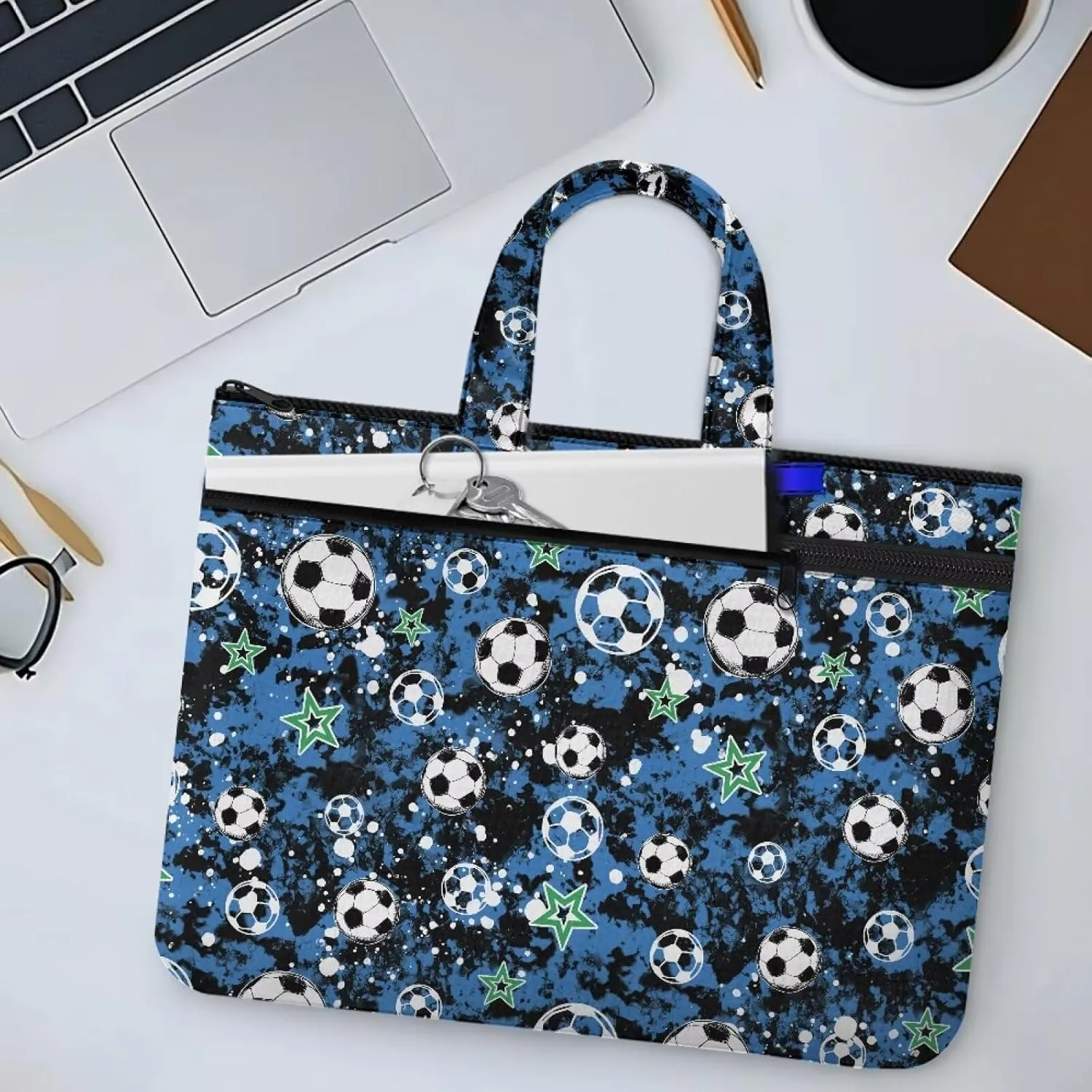 Soccer A4 Zipper Document File Bag Pouch with Handle Canvas File Storage Bag Stylish Unisex Slim File Tote Bag Pouch for Carrying Paper Files Briefcase