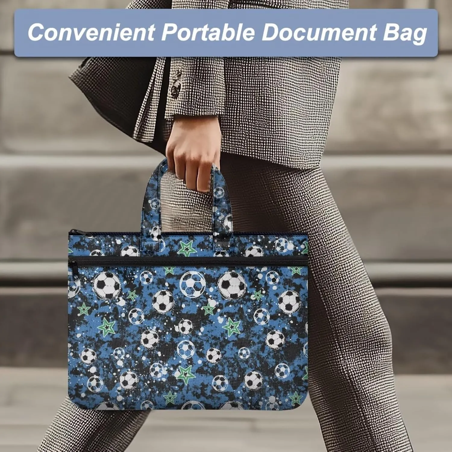 Soccer A4 Zipper Document File Bag Pouch with Handle Canvas File Storage Bag Stylish Unisex Slim File Tote Bag Pouch for Carrying Paper Files Briefcase