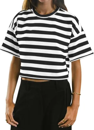SOFIA'S CHOICE Women's Striped Crop Top Loose Fit Summer Casual Short Sleeve T Shirt
