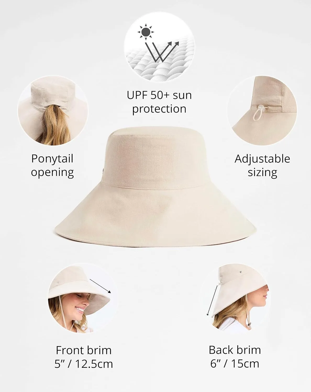Solbari Women’s Ultra-Wide Cotton Linen Sun Hat UPF 50 , Packable, Adjustable with Ponytail Hole for Travel, Beach & Outdoors