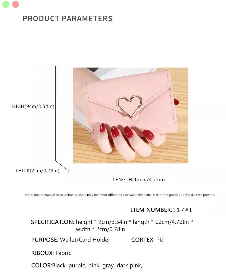 Solid Color Short Wallet With Love Heart Metal Trim Buckle / Mini Fold Coin Purse For Women