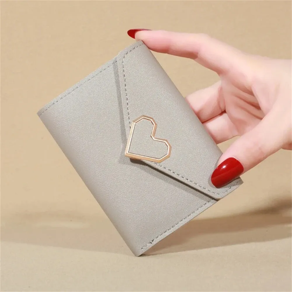 Solid Color Short Wallet With Love Heart Metal Trim Buckle / Mini Fold Coin Purse For Women