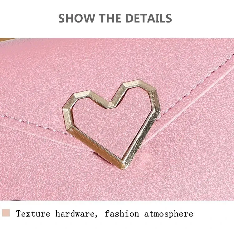 Solid Color Short Wallet With Love Heart Metal Trim Buckle / Mini Fold Coin Purse For Women