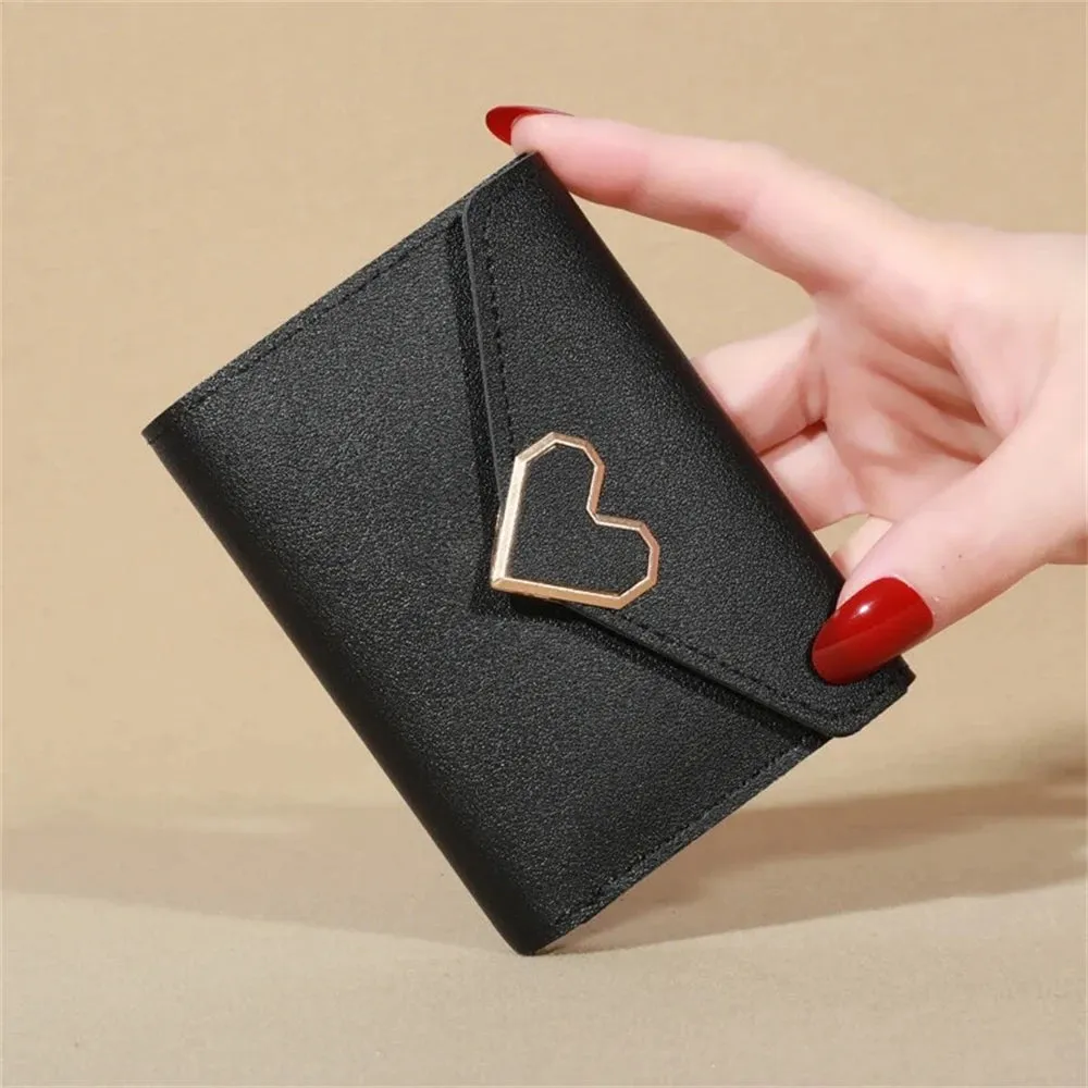 Solid Color Short Wallet With Love Heart Metal Trim Buckle / Mini Fold Coin Purse For Women