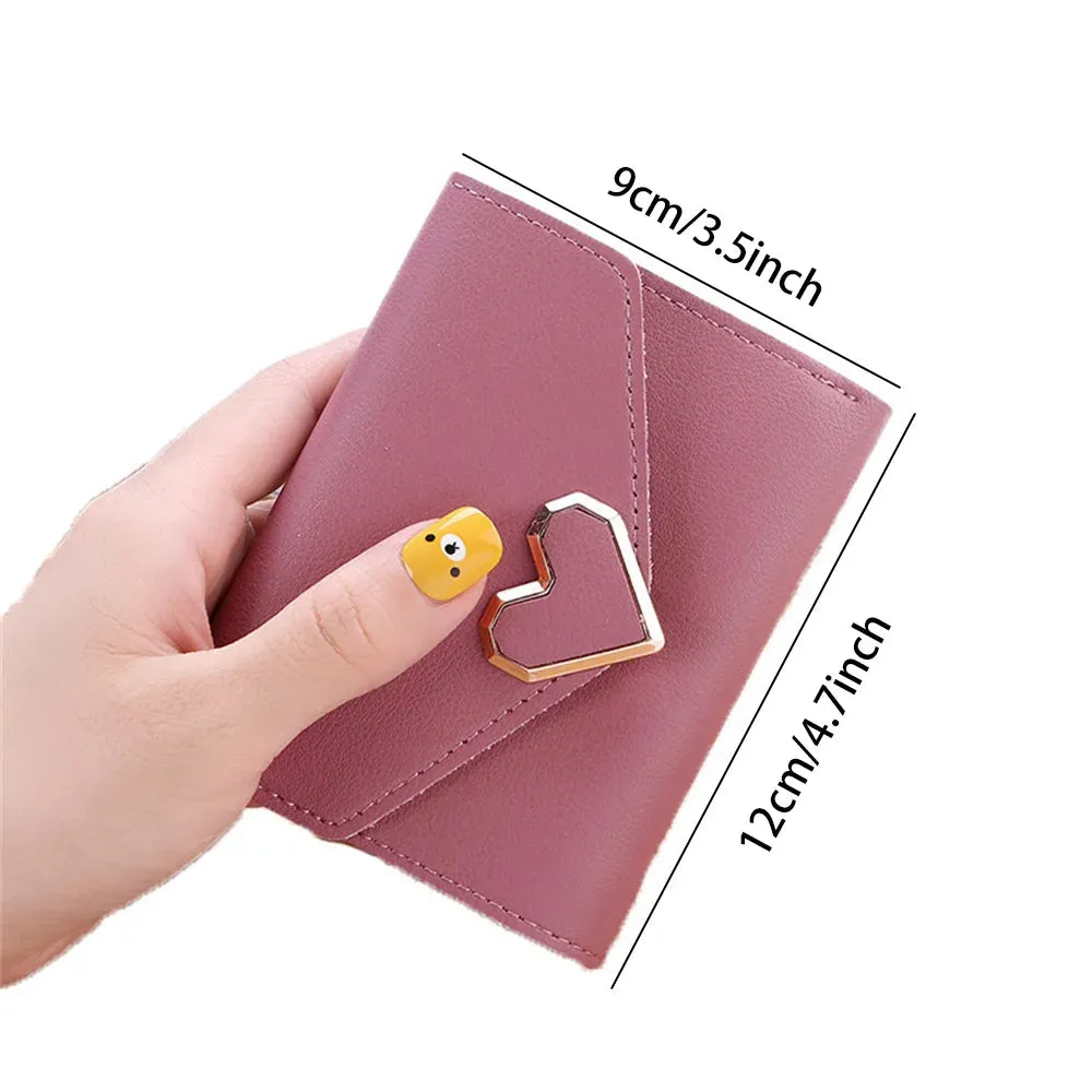 Solid Color Short Wallet With Love Heart Metal Trim Buckle / Mini Fold Coin Purse For Women