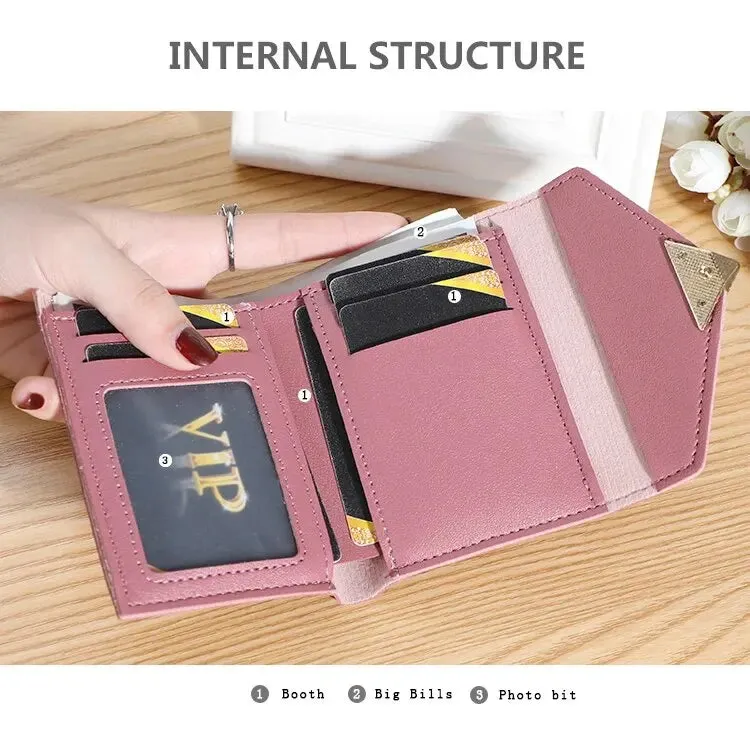 Solid Color Short Wallet With Love Heart Metal Trim Buckle / Mini Fold Coin Purse For Women