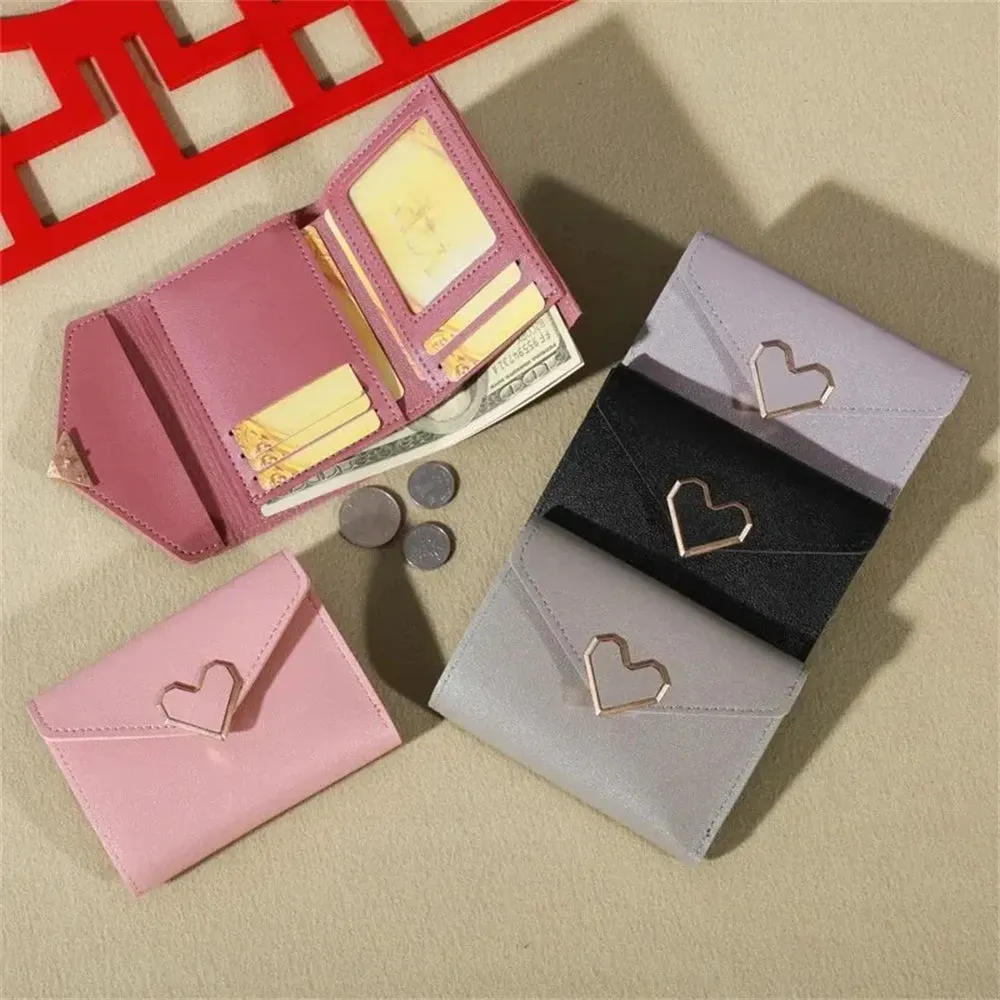 Solid Color Short Wallet With Love Heart Metal Trim Buckle / Mini Fold Coin Purse For Women
