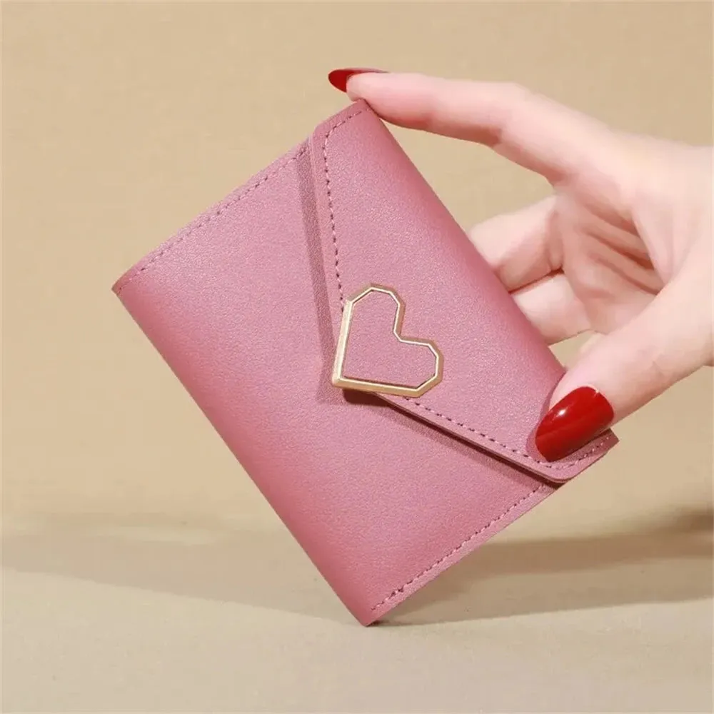 Solid Color Short Wallet With Love Heart Metal Trim Buckle / Mini Fold Coin Purse For Women