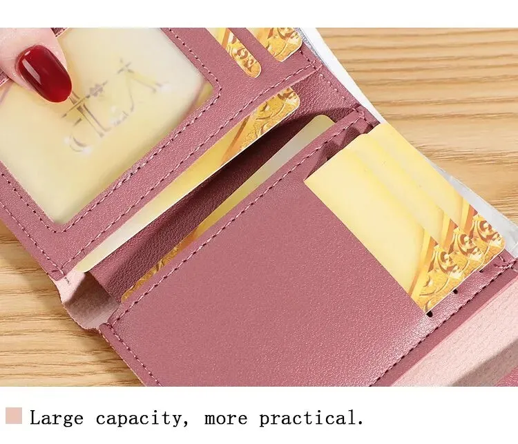 Solid Color Short Wallet With Love Heart Metal Trim Buckle / Mini Fold Coin Purse For Women