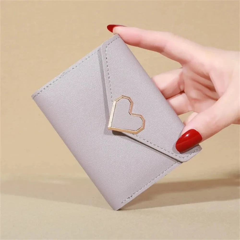 Solid Color Short Wallet With Love Heart Metal Trim Buckle / Mini Fold Coin Purse For Women