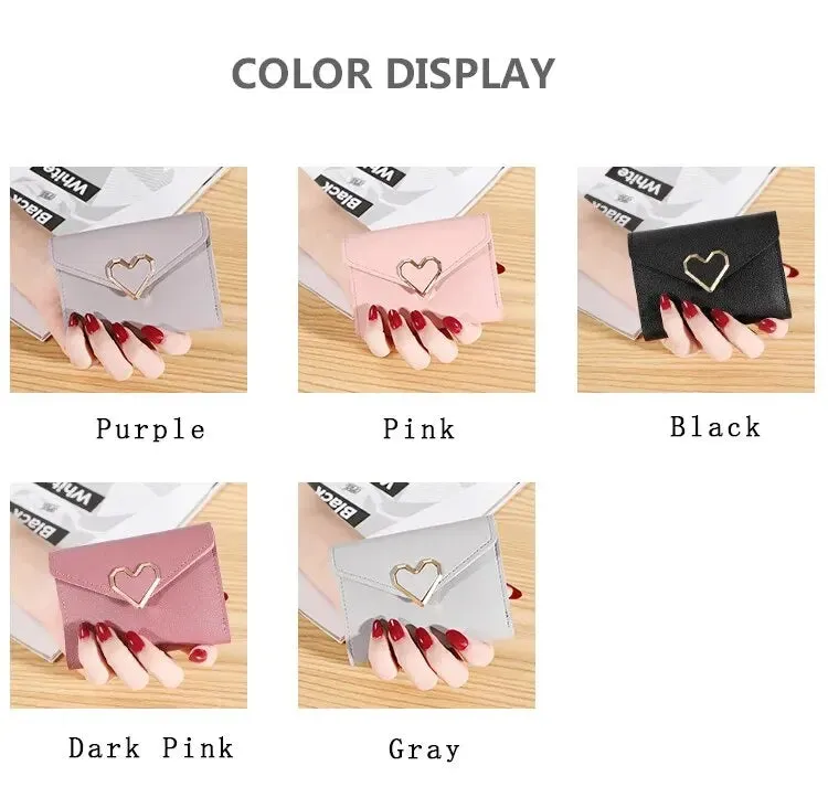 Solid Color Short Wallet With Love Heart Metal Trim Buckle / Mini Fold Coin Purse For Women
