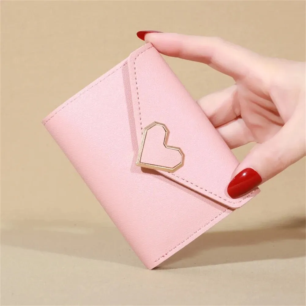Solid Color Short Wallet With Love Heart Metal Trim Buckle / Mini Fold Coin Purse For Women